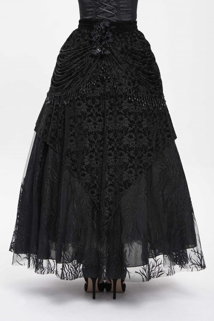 Black Floral Embroidered Beaded Women's Gothic Long Skirt - Product - 4