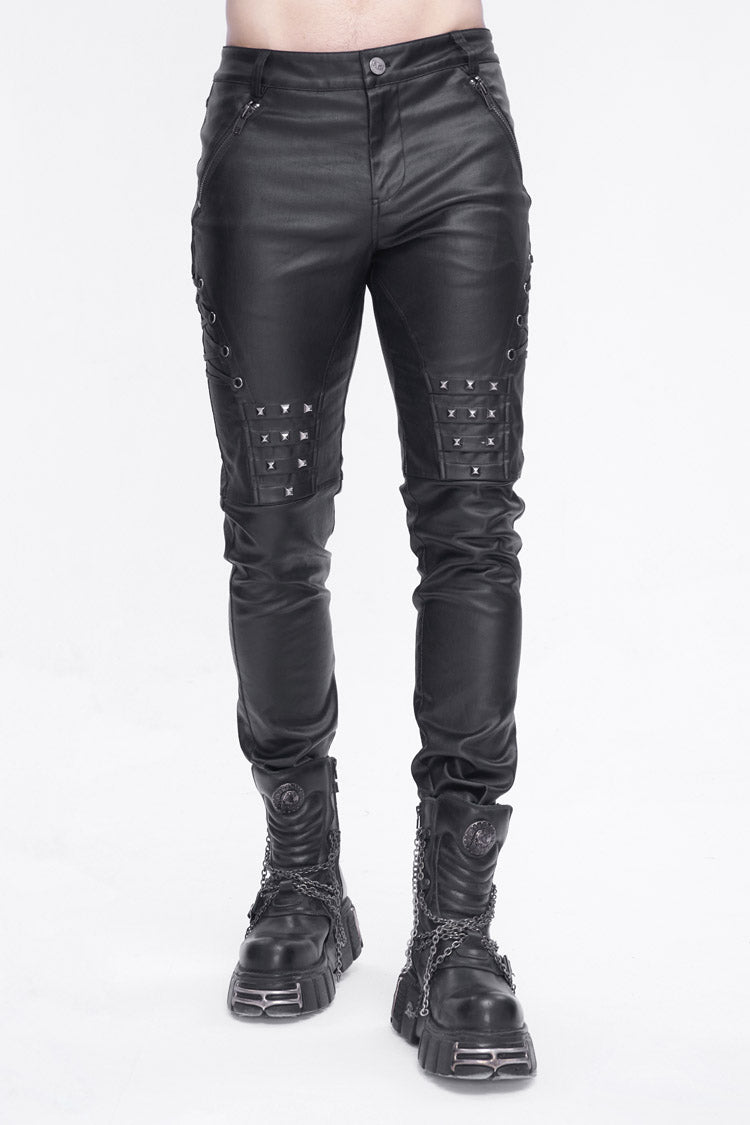 Black Studded Lace Up Leather Men's Punk Pants - Black - 1