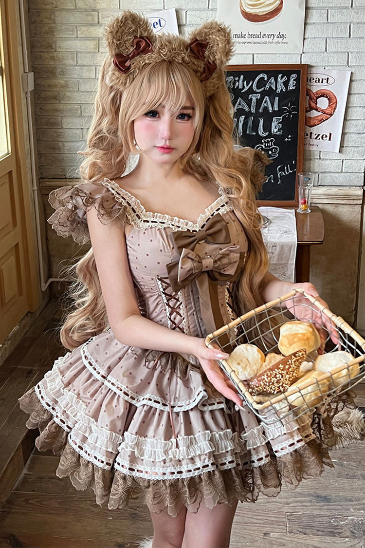 Brown [Coco Ballet] Sleeveless Double-Layered Bow Lace Lace-Up Sweet Princess Ballet Lolita Jsk Dress - Product - 12