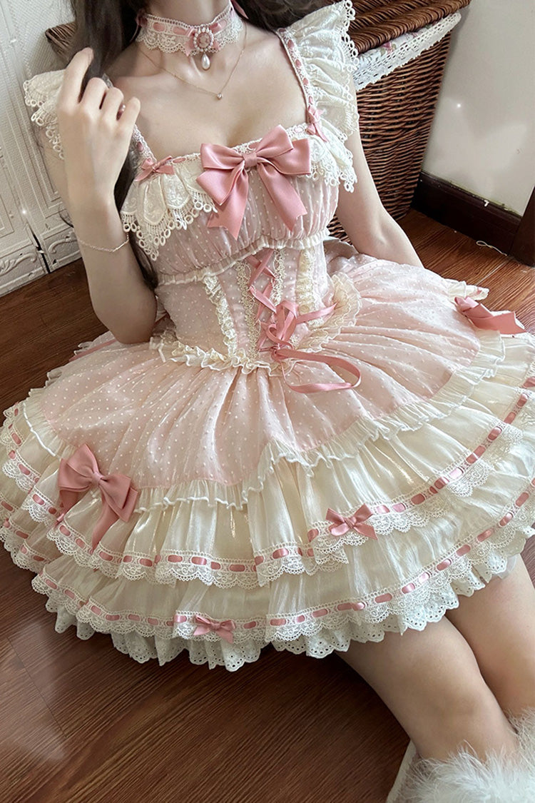 Pink [Flory Butterfly] Double-Layered Ruffle Bowknot Lace Lace-Up Sweet Ballet Lolita Jsk Dress - Product - 13