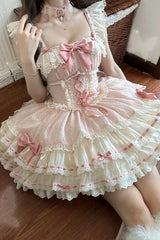 Pink [Flory Butterfly] Double-Layered Ruffle Bowknot Lace Lace-Up Sweet Ballet Lolita Jsk Dress - Product - 13