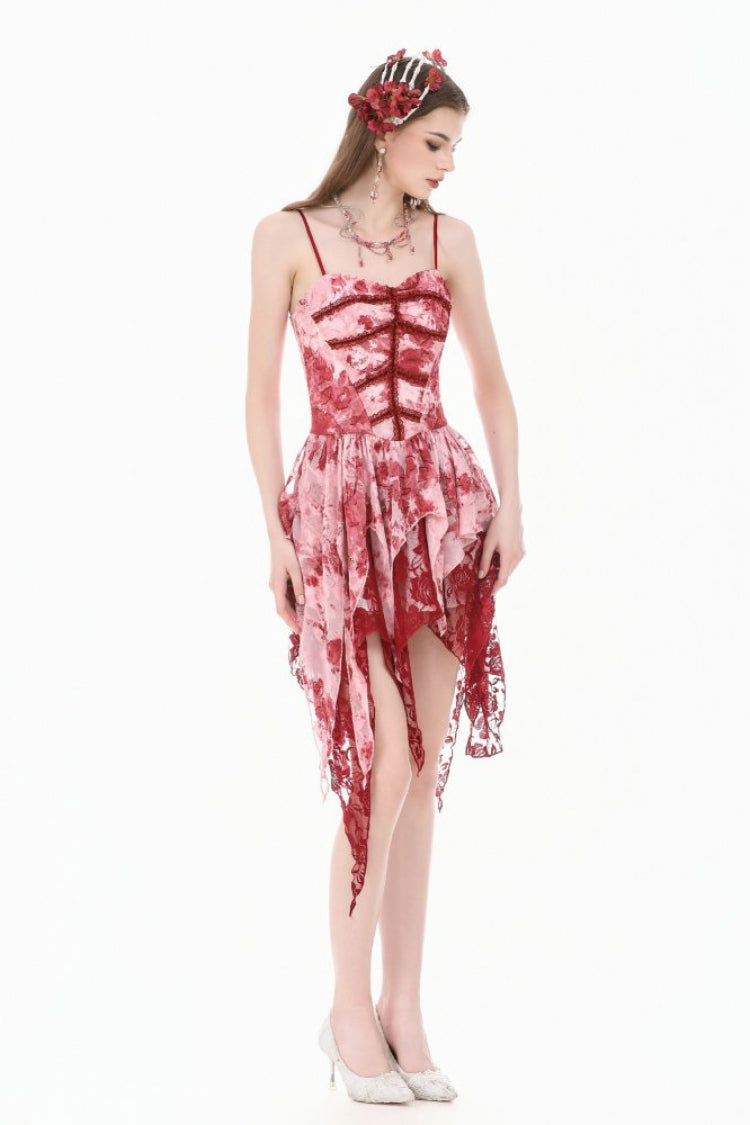 Red/White Multi-Layered Asymmetric Tie-dyed Women's Gothic Slip Dress - Product - 8