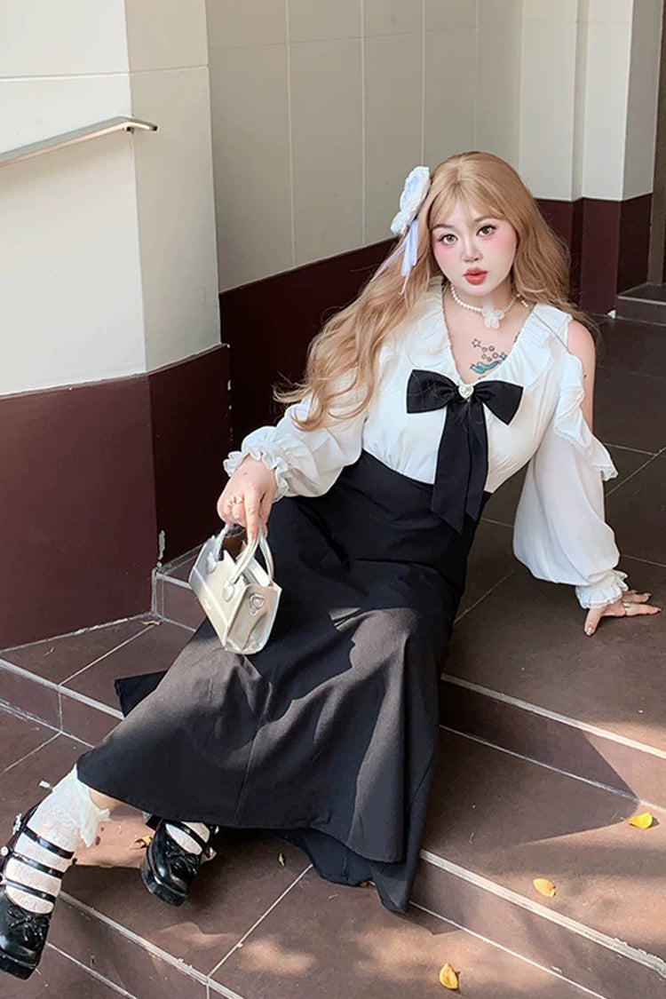 Black/White V Collar Off Shoulder Long Sleeves Ruffled Bow Faux Two-Piece Classic Plus Size Lolita Dress - Product - 9