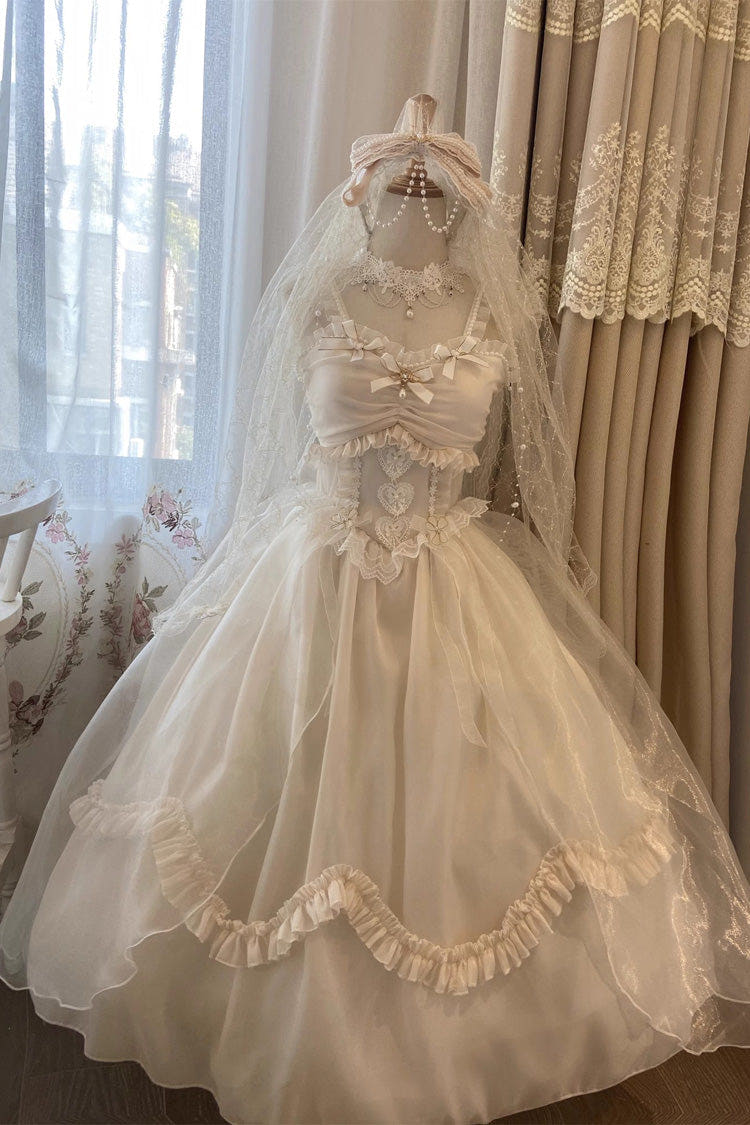 White Ruffle Hanayome Bowknot Lace Sweet Princess Lolita Jsk Dress - White - 1