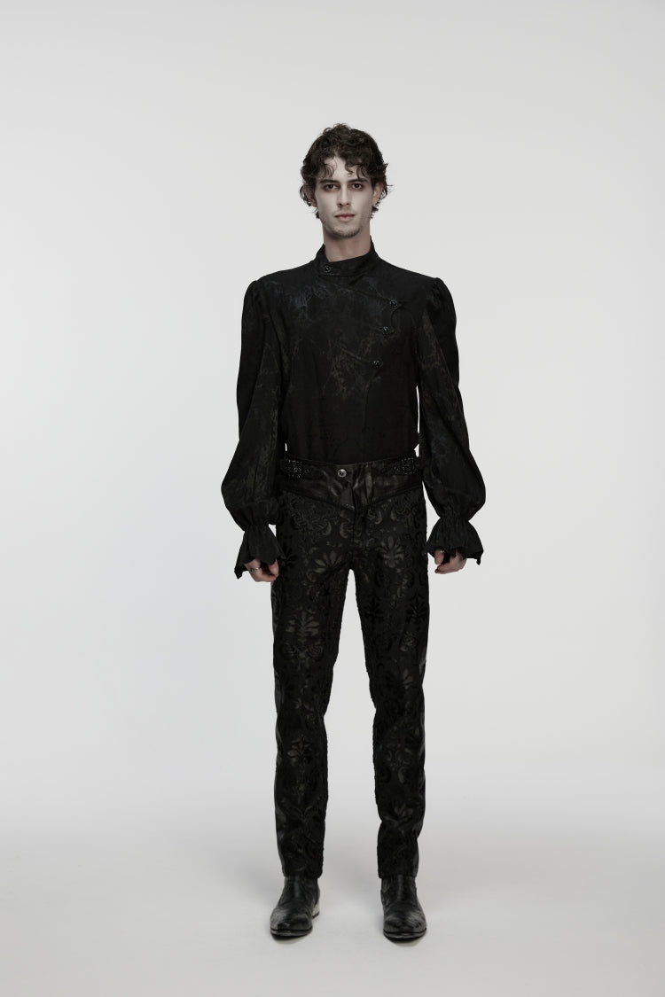 Black Jacquard Floral Embroidered Men's Gothic Pants - Black - 2