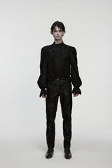 Black Jacquard Floral Embroidered Men's Gothic Pants - Black - 2