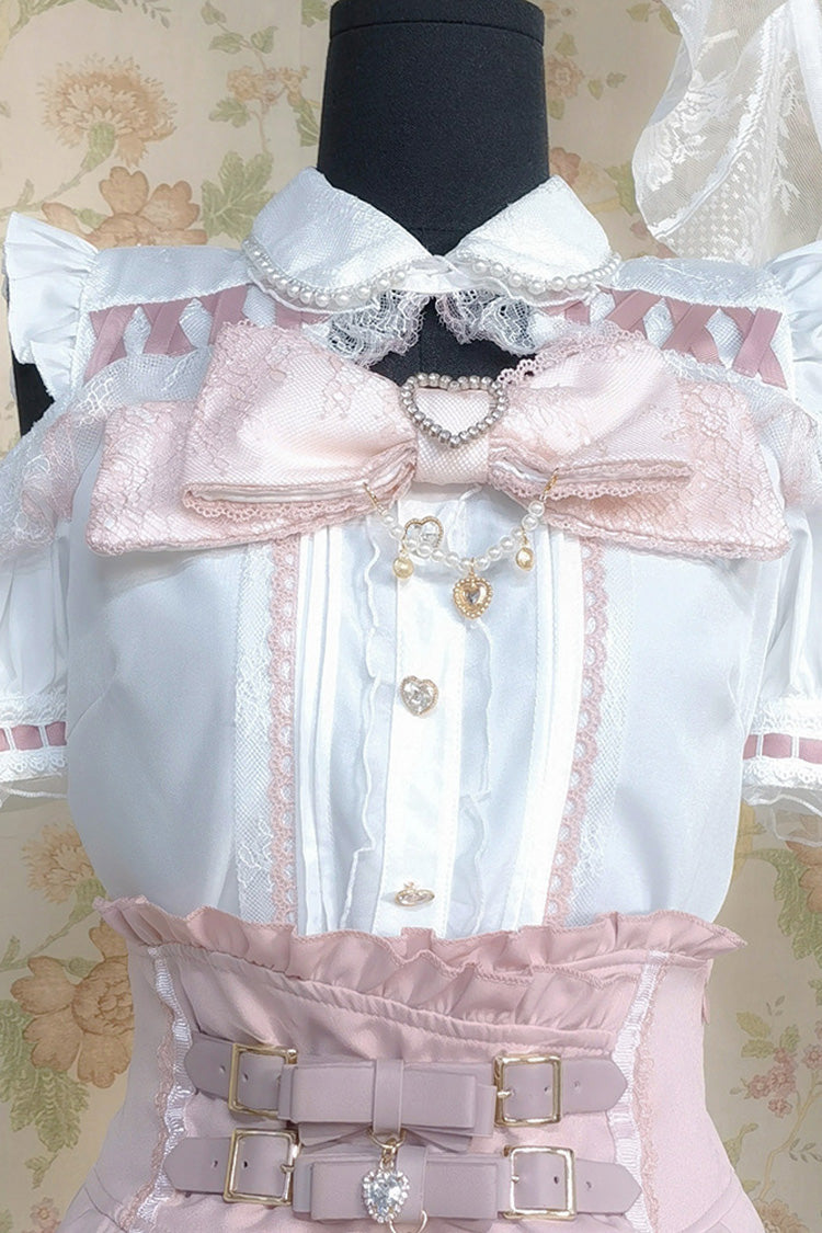 White/Pink Lapel Collar Short Sleeves Double-Layered Ruffle Bowknot Sweet Jirai Kei Set - Product - 2