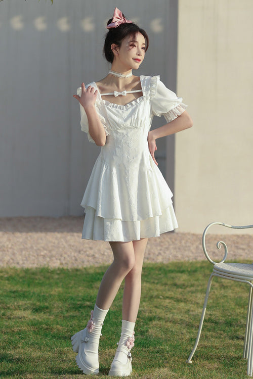 White Ruffled Square Collar Bubble Short Sleeves Double Layer Embossed Fabric Sweet Lolita Dress - Product - 3