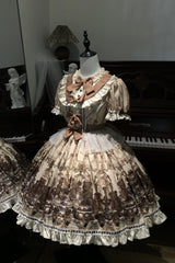 Brown [Teddy Bear Party] Round Collar Short Sleeves Printed Ruffled Bow Daily Sweet Lolita Dress - Product - 7
