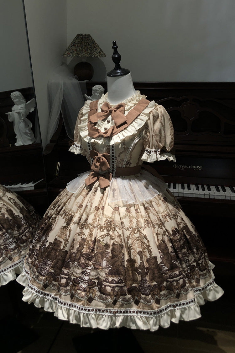 Brown [Teddy Bear Party] Round Collar Short Sleeves Printed Ruffled Bow Daily Sweet Lolita Dress - Product - 7