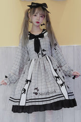 Grey College Style Navy Collar Plaid Leaking Ink Pen Print Ruffled Sweet Lolita Op Dress - Product - 3