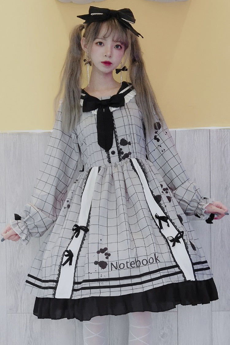 Grey College Style Navy Collar Plaid Leaking Ink Pen Print Ruffled Sweet Lolita Op Dress - Product - 3