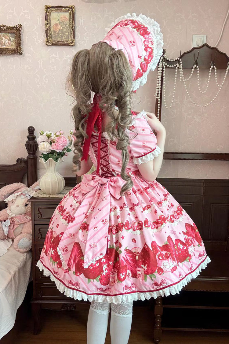 Pink [Strawberry Gift Box] Short Sleeves Print Ruffle Bowknot Lace Sweet Lolita Dress - Product - 5