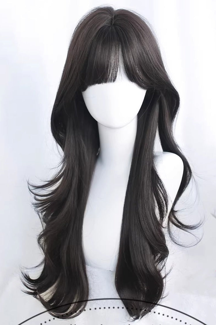 Black Tea Brown Curtain Bangs Long Loose Wavy Sweet Lolita Wig - Black-Tea-Brown - 1