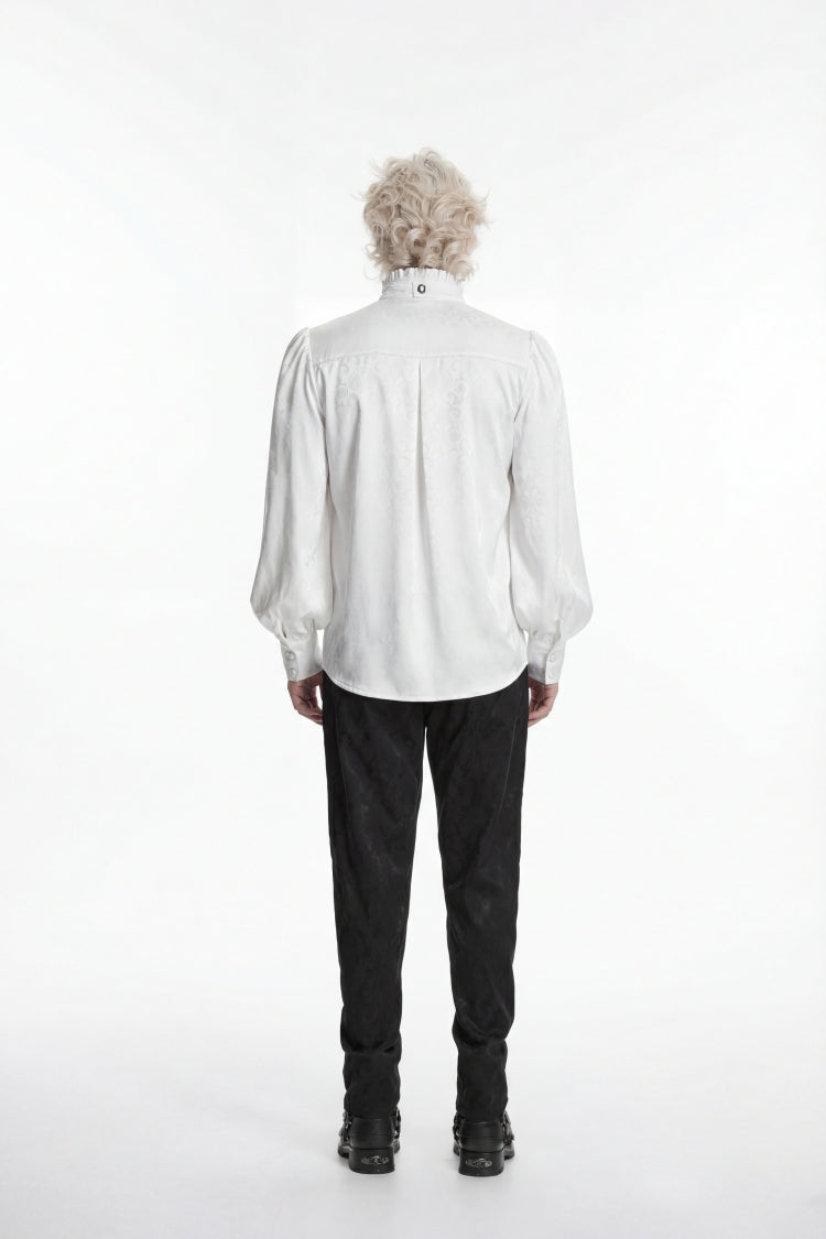 White Stand Collar Long Lantern Sleeves Jacquard Embroidered  Men's Gothic Palace Shirt with Detachable Tie - Product - 5