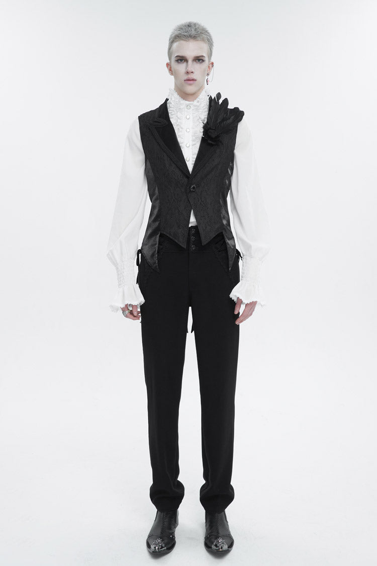 Black Vintage Dark Pattern Men's Gothic Vest With Brooch - Product - 3