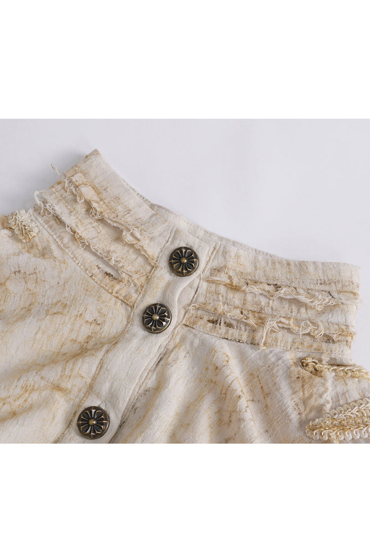 Beige Stand Collar Lantern Sleeves Print Lace Women's Punk Blouse - Product - 8