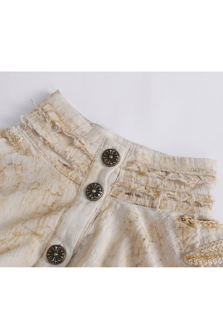 Beige Stand Collar Lantern Sleeves Print Lace Women's Punk Blouse - Product - 8