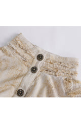 Beige Stand Collar Lantern Sleeves Print Lace Women's Punk Blouse - Product - 8