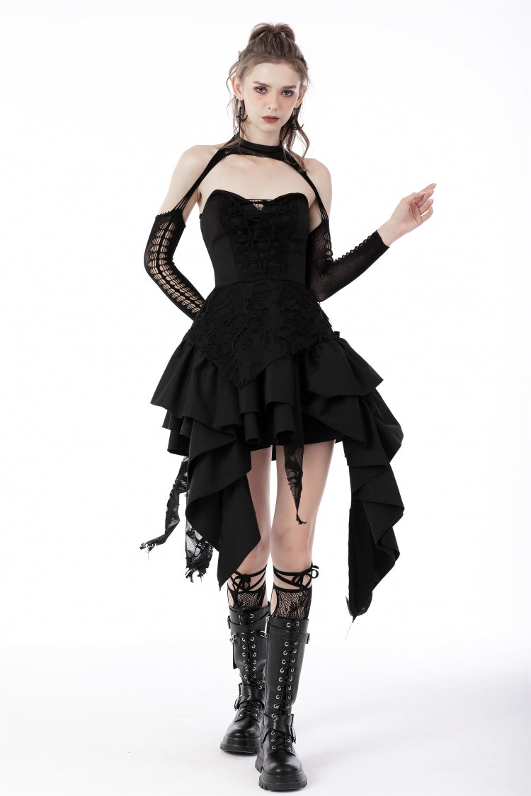 Black Sleeveless Multi-Layered Irregular Frilly Zippered Women's Gothic Evening Dress - Product - 6