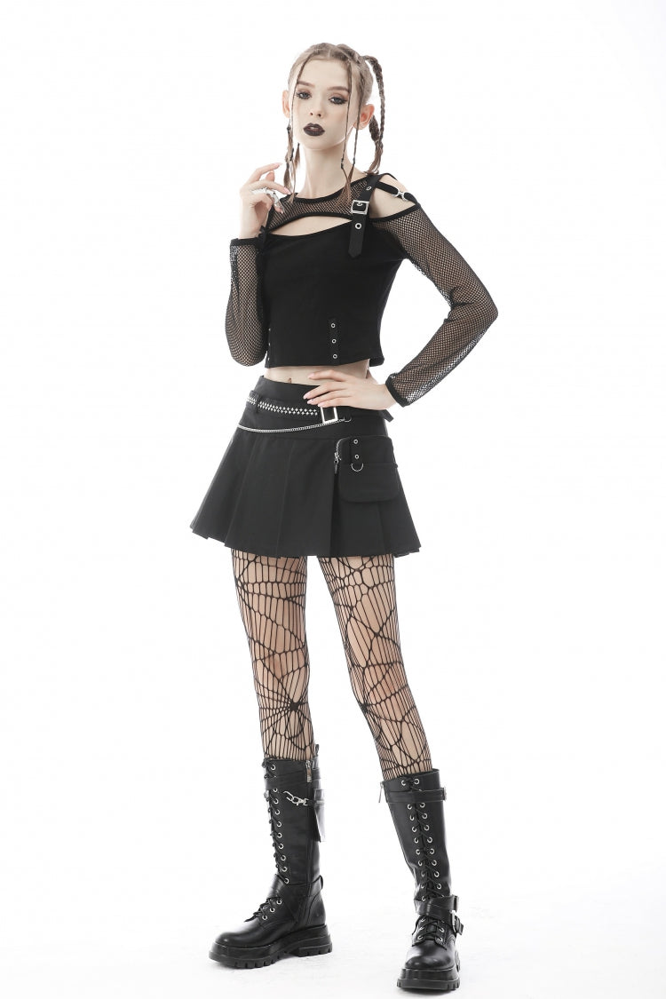 Black Pleated Big-pocket Chain-Decorated Women's Punk Mini Skirt with Belt - Product - 9