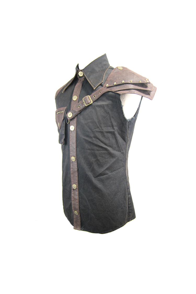Black Twill Brown One Shoulder Armor Heat Seal Hasp Sleeveless Men's Punk Shirt - Product - 7