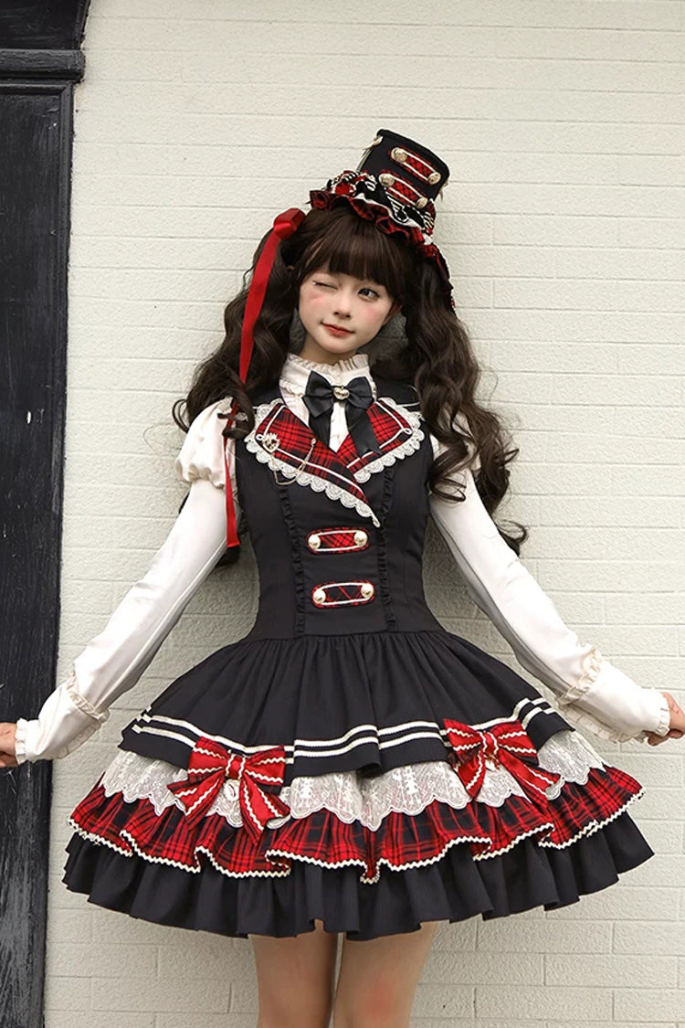Black [Honor Guard Gala] V Collar Multi-Layered Printed Ruffled Bow Classic Gothic College Style Lolita Jsk Dress - Product - 9