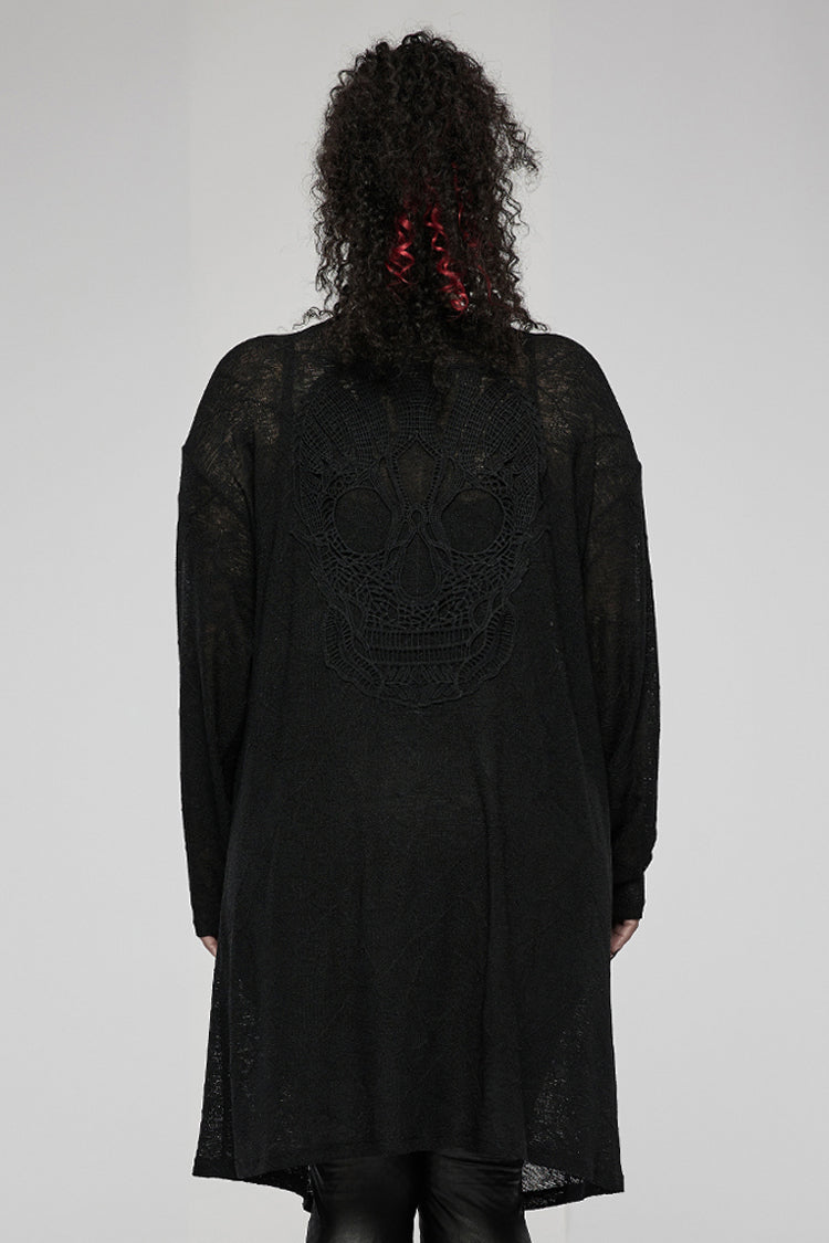 Black Soft Knitting Mottled Texture Asymmetric Hem Skull Decal On The Back Women's Plus Size Gothic Jacket - Product - 4