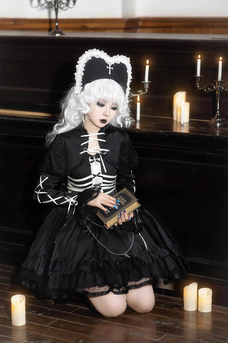 Black Prisoner Illusion Long Sleeves Multi-layer Ruffle Bowknot Gothic Princess Lolita Jsk Dress - Product - 7