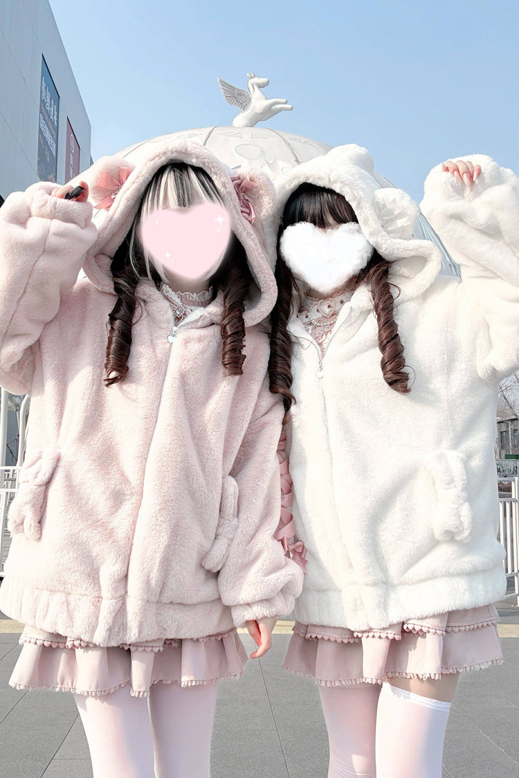 [Sleepy Bear Fluffy] Bear Ears Long Sleeves Bow Lace-Up Hooded Zippered Sweet Jirai Kei Japanese Coat - Product - 2