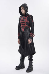 Black Stand Collar Long Sleeves Printed Spliced Studded Buckled Zippered Eyelet Men's Punk Cool Hooded Jacket - Product - 3