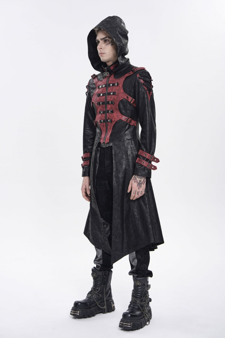 Black Stand Collar Long Sleeves Printed Spliced Studded Buckled Zippered Eyelet Men's Punk Cool Hooded Jacket - Product - 3