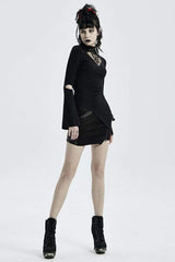 Black Gothic Stretch Knitted Fabric Spliced Geometric Mesh Design Women's Long Sleeve T-Shirt - Product - 4