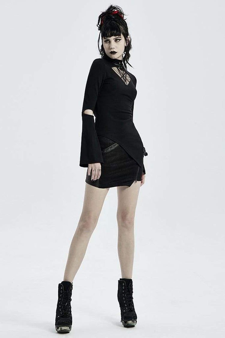 Black Gothic Stretch Knitted Fabric Spliced Geometric Mesh Design Women's Long Sleeve T-Shirt - Product - 4
