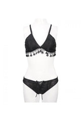 Black Dark Grain Jacquard Tassel Lace Up Gothic Swimsuit - Product - 13