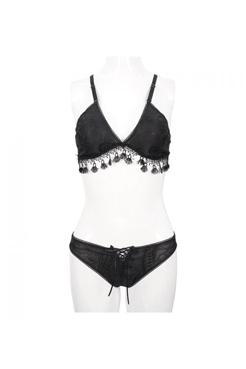 Black Dark Grain Jacquard Tassel Lace Up Gothic Swimsuit - Product - 13