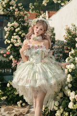 Green [Spring Rose] Sleeveless Multi-Layered Bowknot Lace-Up Fishbone Sweet Lolita Jsk Dress - Product - 4