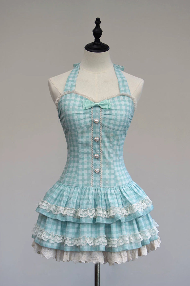 [Summer Mint] Halterneck Sleeveless Double-Layered Printed Ruffled Bow Lace Sweet Lolita Jsk Dress 5 Colors (Blue, Pink, Red, Black, White) - Blue - 1
