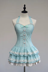 [Summer Mint] Halterneck Sleeveless Double-Layered Printed Ruffled Bow Lace Sweet Lolita Jsk Dress 5 Colors (Blue, Pink, Red, Black, White) - Blue - 1