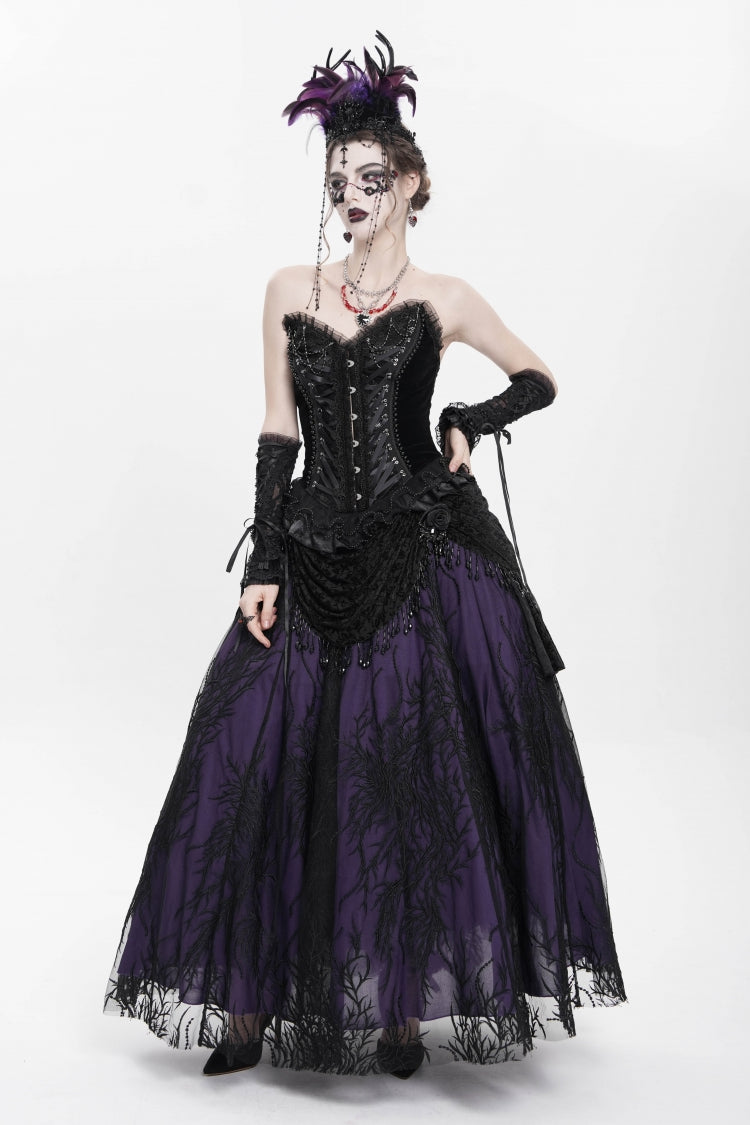 Black/Purple Floral Embroidered Beaded Women's Gothic Long Skirt - Product - 13