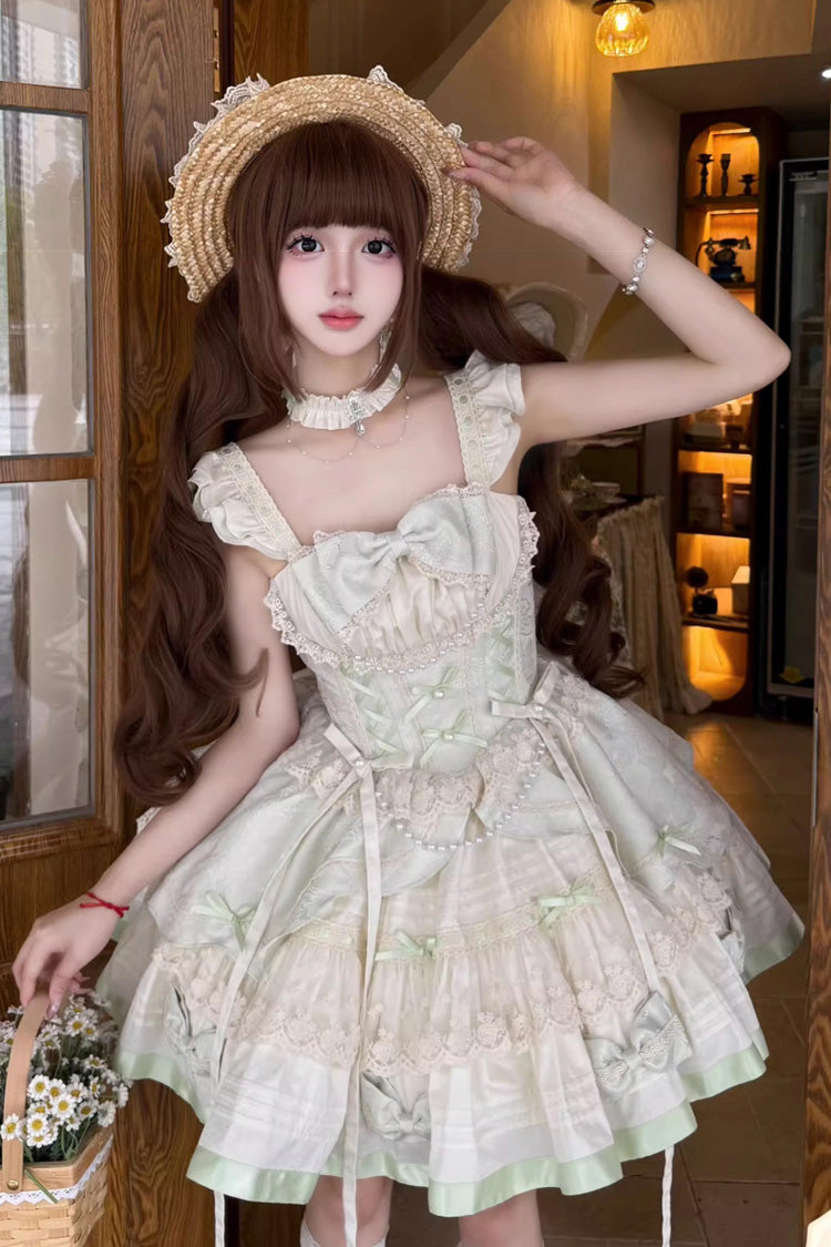 Mint Milk Green Sleeveless Ruffle Bowknot Lace Sweet Ballet Lolita Jsk Dress - Green - 1