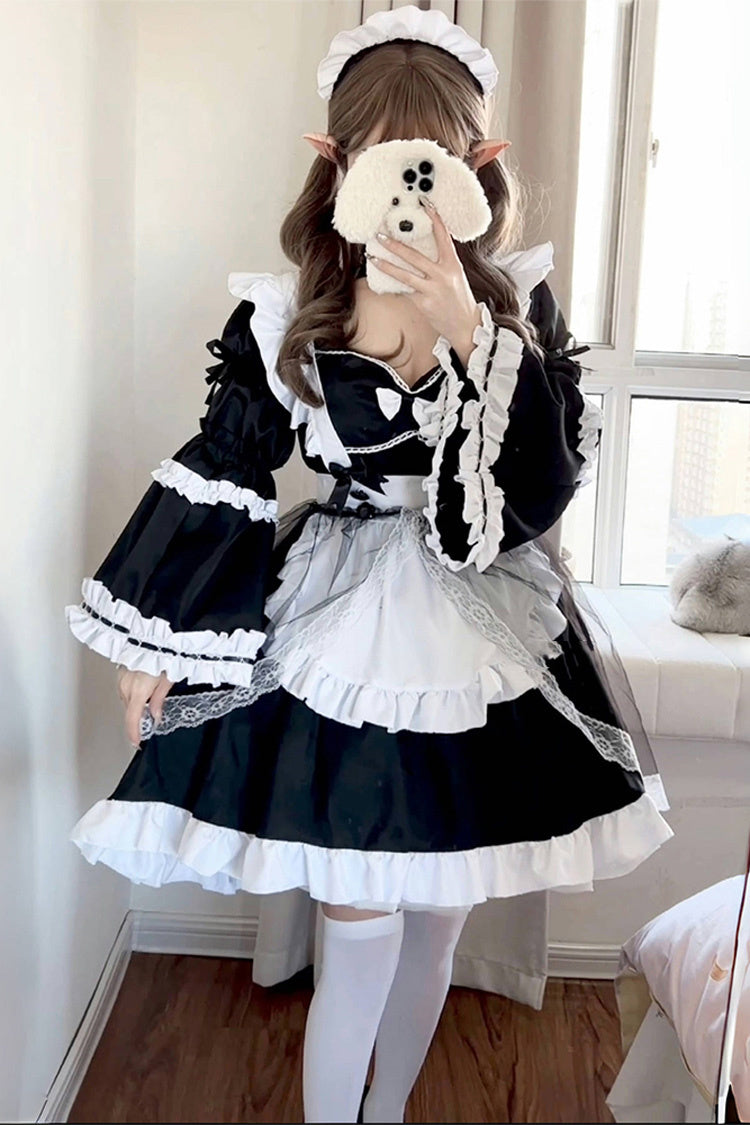Black/White Maid Long Hime Sleeves Ruffle Bowknot Sweet Plus Size Lolita Dress Full Set - Black/White - 1