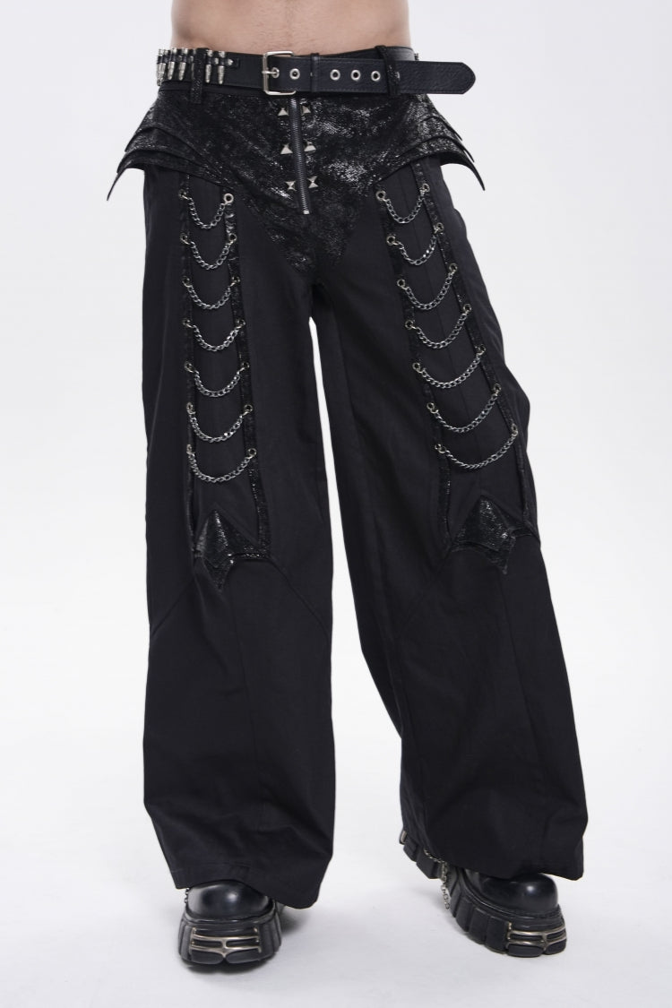 Black Spliced Studded Zippered Chain-Decorated Men's Punk Cool Pants - Product - 10