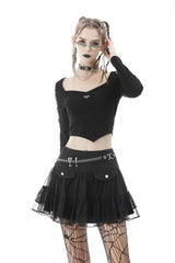 Black Long Sleeves Irregular Strappy Bat Women's Punk Crop Top - Black - 1