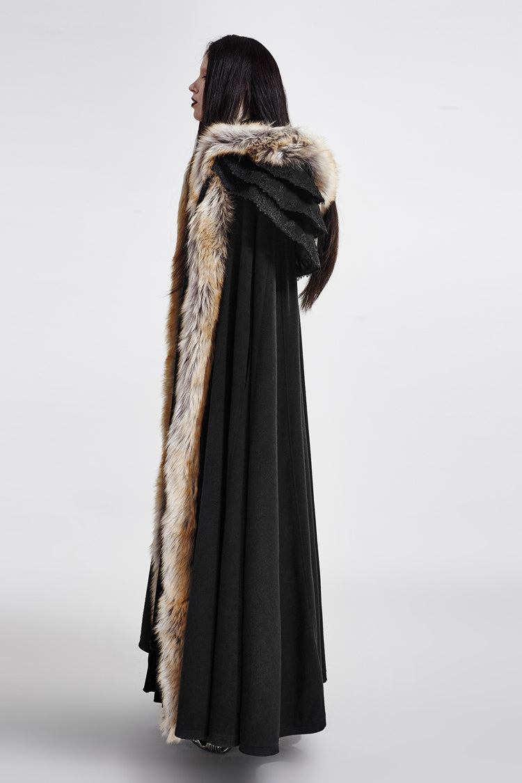 Black Hooded Fur Collar Wool Long Womens Gothic Coat Cloak - Product - 5