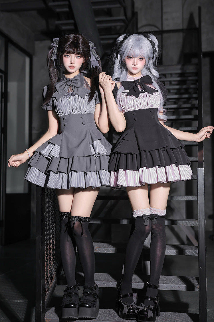 Black Square Collar Off Shoulder Short Sleeves Triple-Layered Bow Vintage Cool Lolita Dress - Black - 1