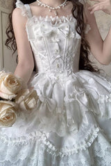 White [Realm of Sea Moon] Square Collar Sleeveless Multi-Layered Jacquard Ruffled Bow Lace Lace-Up Sweet Lolita Jsk Dress - Product - 3