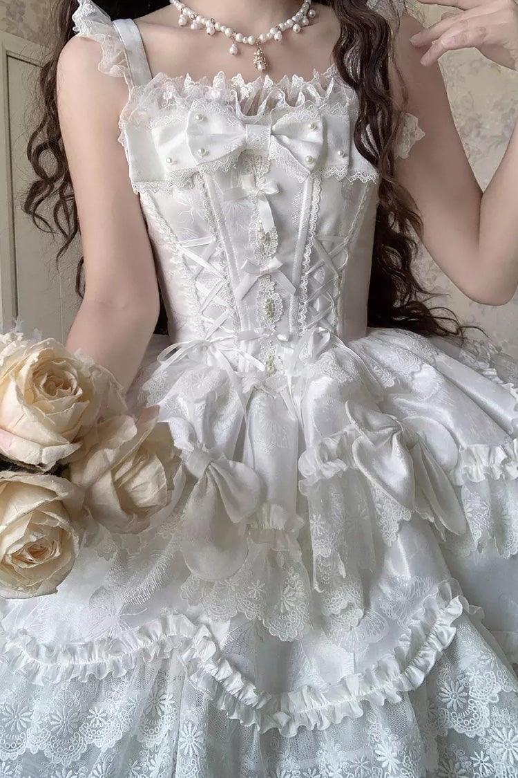White [Realm of Sea Moon] Square Collar Sleeveless Multi-Layered Jacquard Ruffled Bow Lace Lace-Up Sweet Lolita Jsk Dress - Product - 3