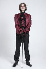 Red Long Puff Sleeves Men's Gothic Blouse with Lace Necktie - Product - 4
