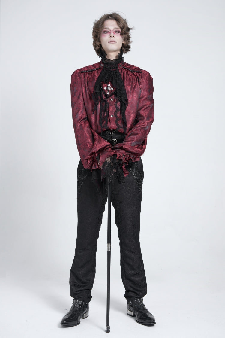 Red Long Puff Sleeves Men's Gothic Blouse with Lace Necktie - Product - 4